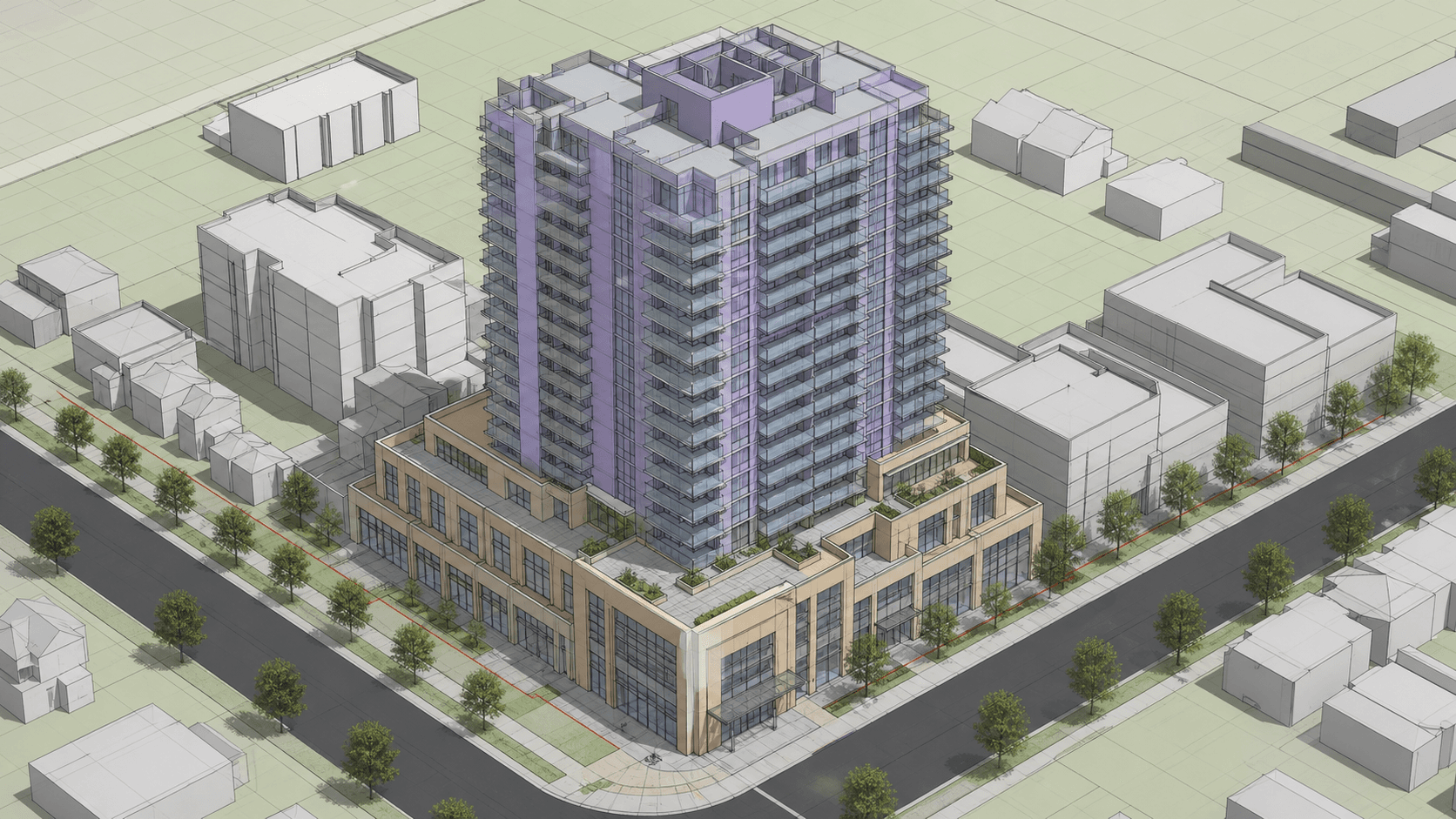 BIM test-fit model of a high-rise residential tower and mixed-use podium in a shaded architectural workspace