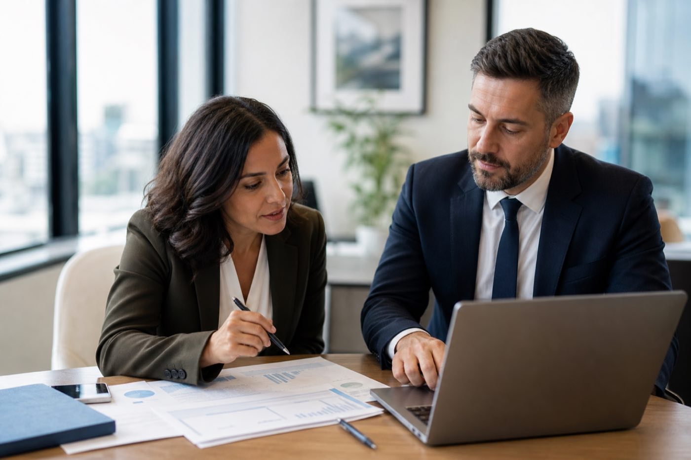 Two finance professionals reviewing a deal together on a laptop