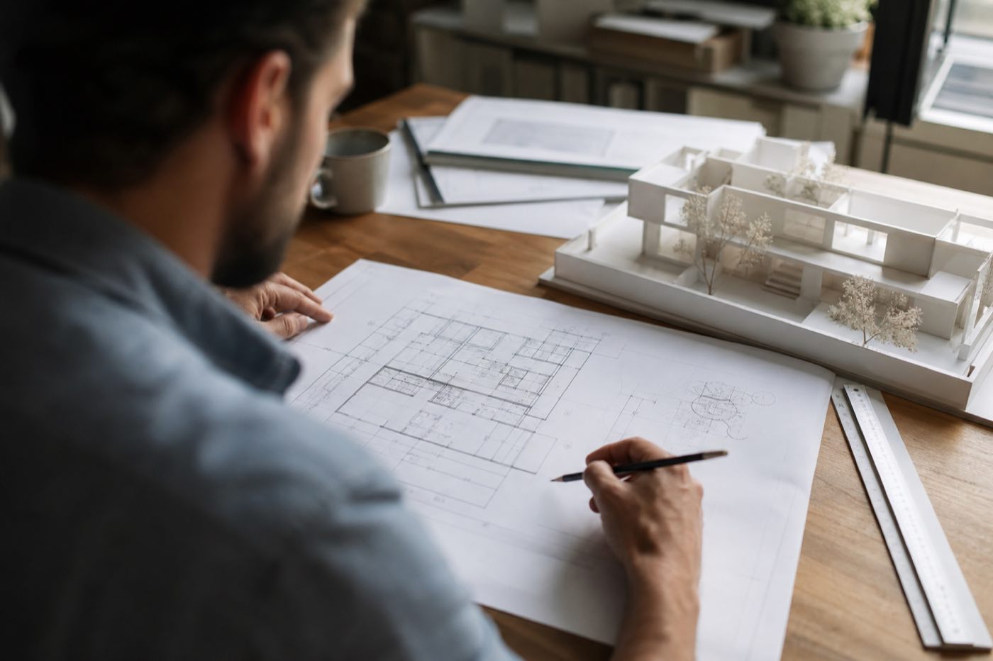 Architect reviewing blueprints for a development project