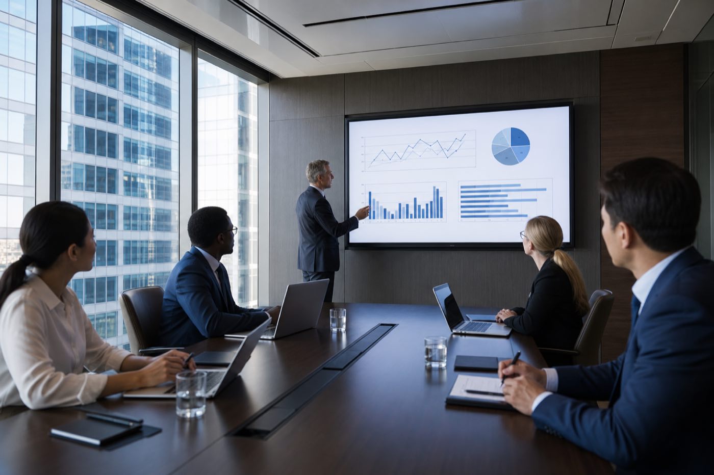 Investment team meeting in a glass-walled boardroom