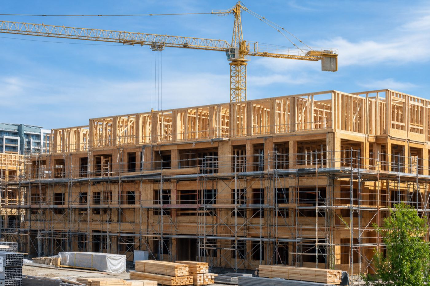 Wood-framed infill building under construction with a crane on a small builder's site