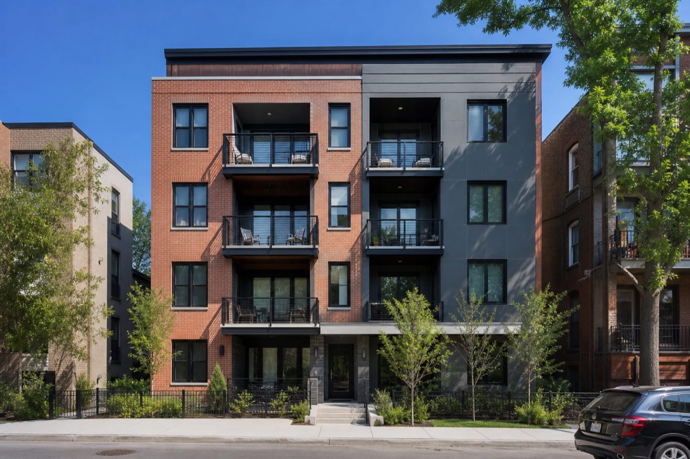 Completed multiplex residential building, one of several schemes weighed against each other