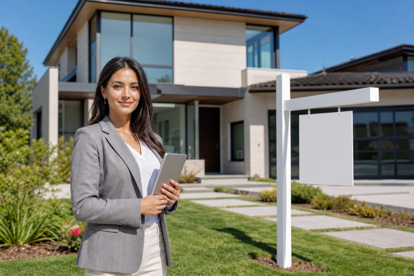 Real estate agent meeting clients inside a bright home