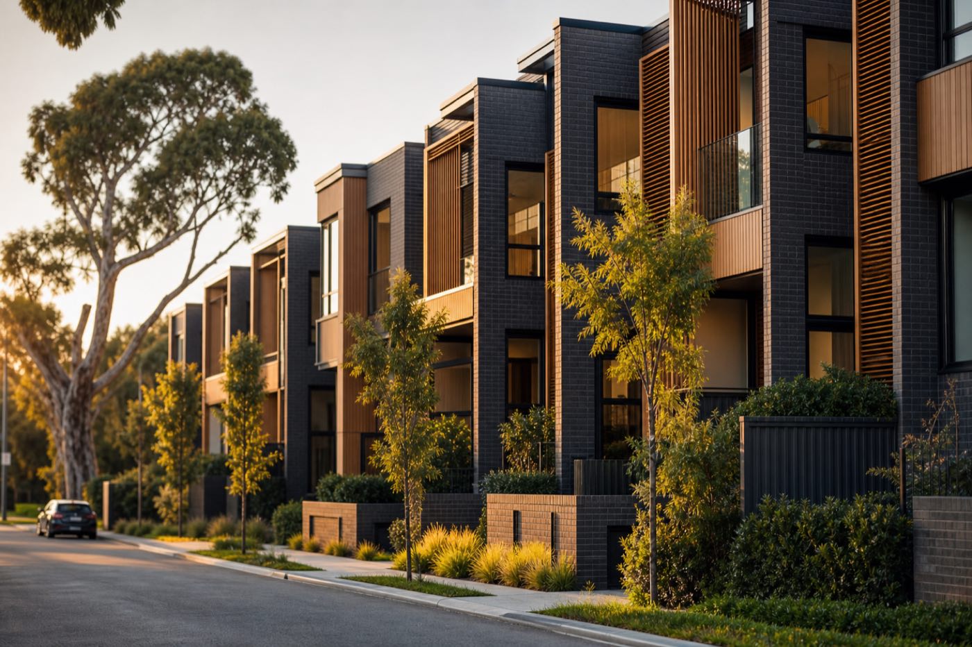 A row of newly built townhomes