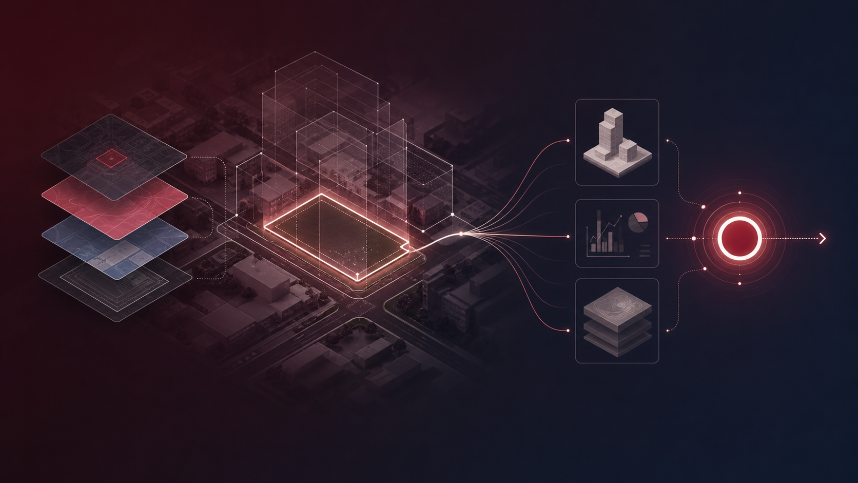 Abstract parcel, zoning, design, cost, and financing data flowing into one development decision