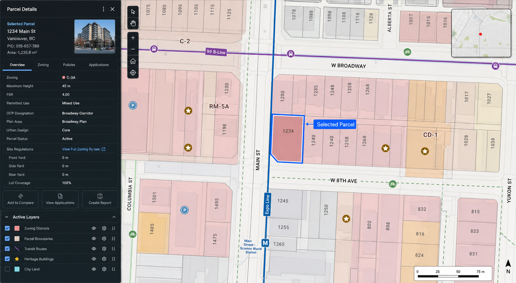 Municipal planning GIS with parcel details, zoning overlays, transit routes, and a selected development site