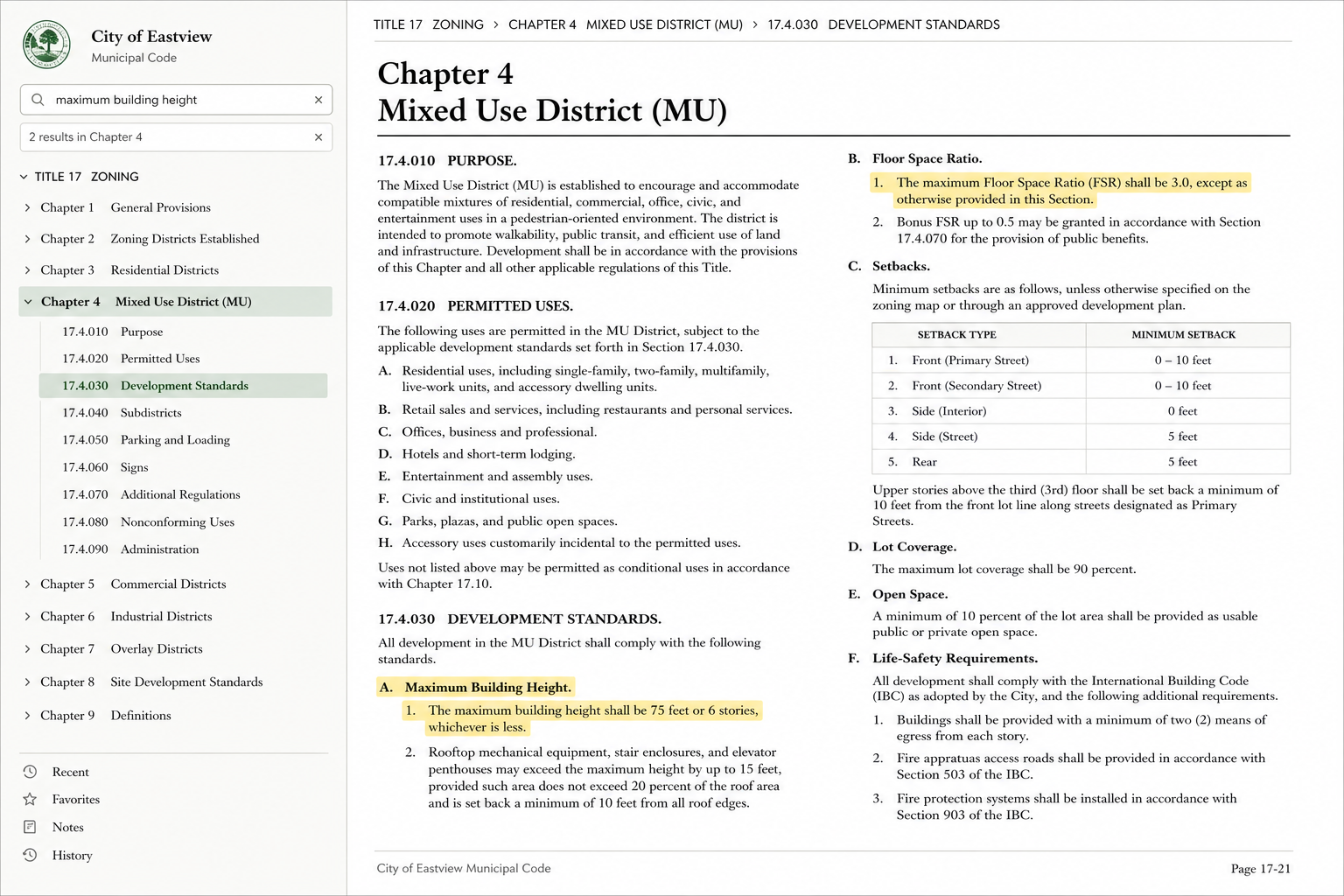 Municipal zoning code research interface showing the Mixed Use District chapter and highlighted development standards